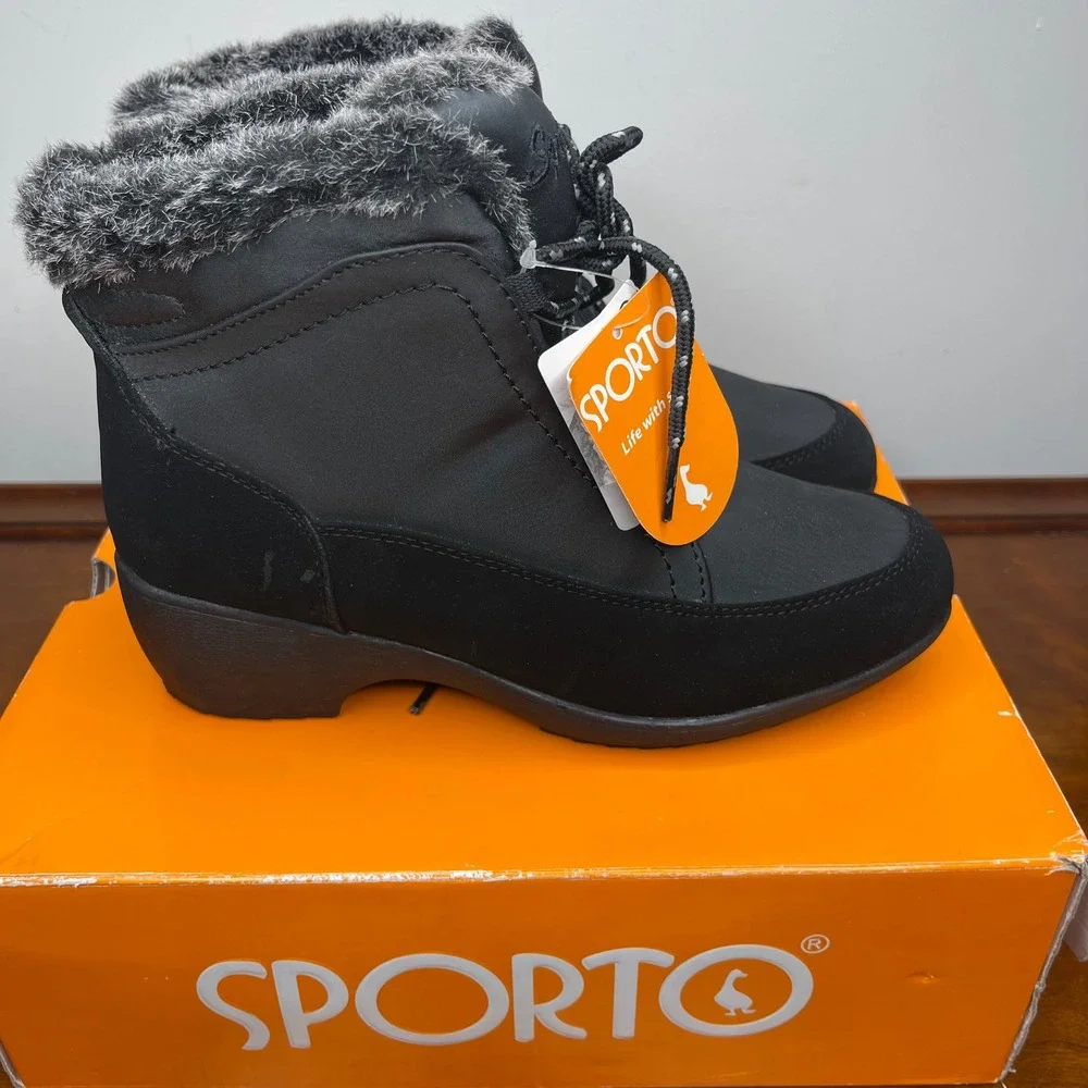 Sporto Lilian Womens Black Lace Up Ankle Boots Faux‎ Fur Trim Size 7M New In Box